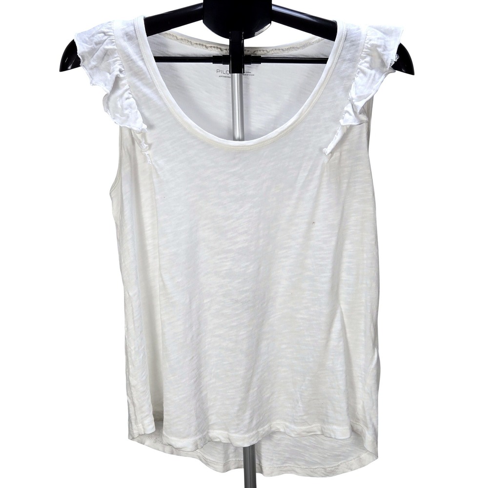 Women's Pilcro Anthropologie Small 100% Cotton White Ruffle Tank Flutter Sleeve